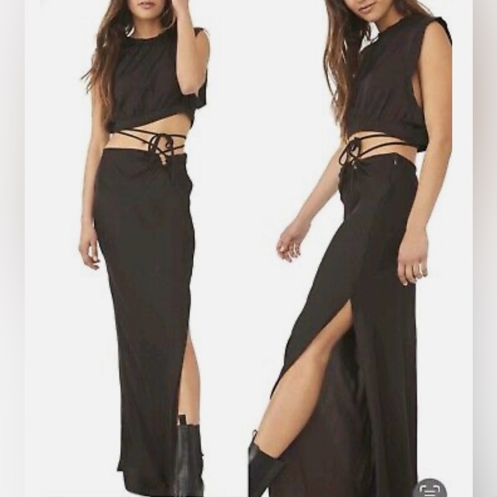 Free People Satin Two Piece Crop Top and Maxi Skirt Set